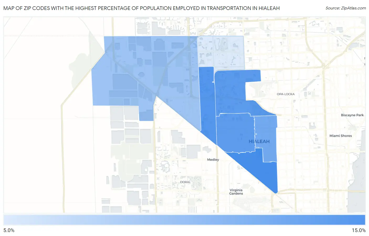 Zip Codes with the Highest Percentage of Population Employed in Transportation in Hialeah Map