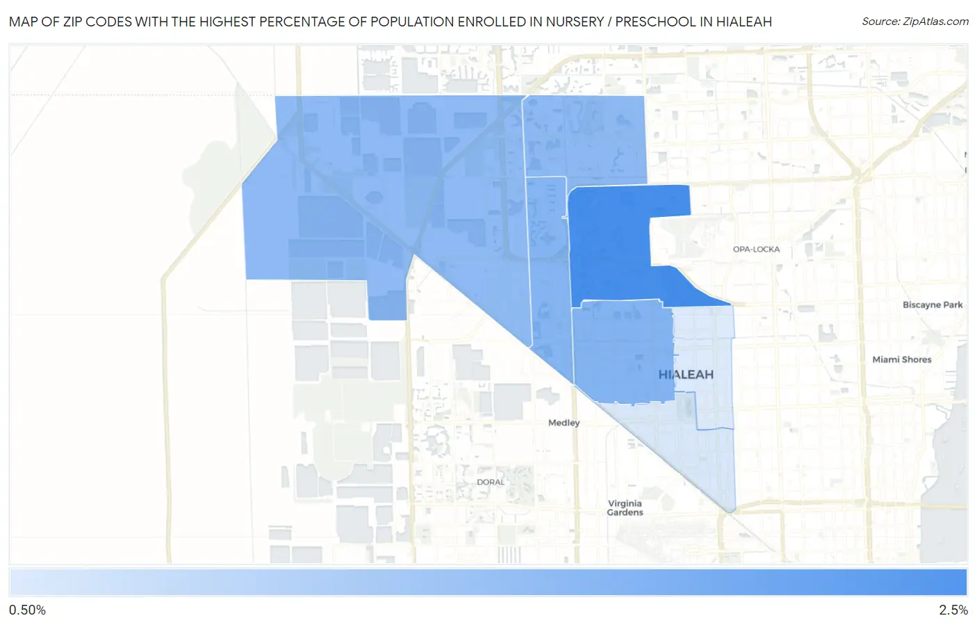 Zip Codes with the Highest Percentage of Population Enrolled in Nursery / Preschool in Hialeah Map