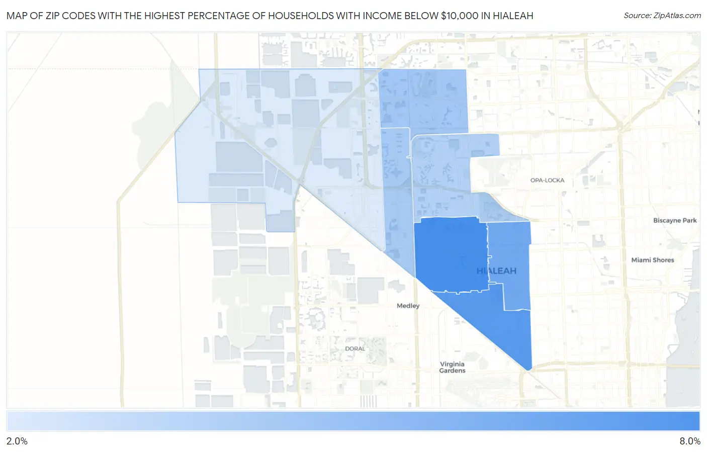 Zip Codes with the Highest Percentage of Households with Income Below $10,000 in Hialeah Map