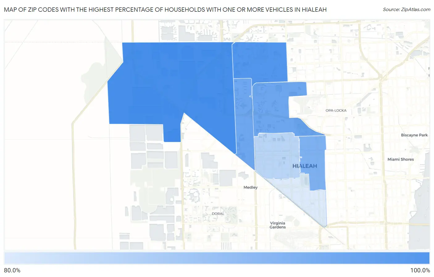 Zip Codes with the Highest Percentage of Households With One or more Vehicles in Hialeah Map