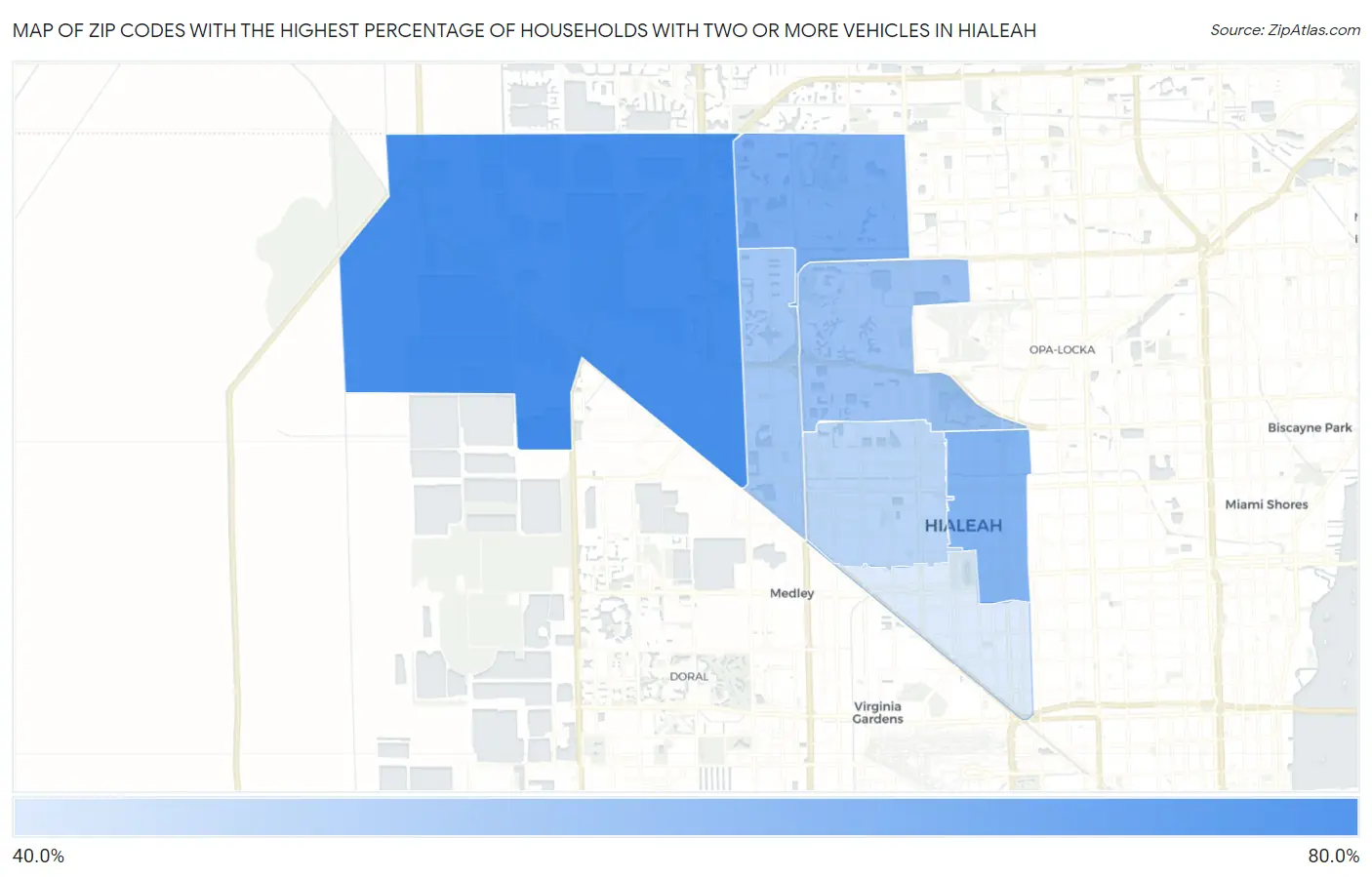 Zip Codes with the Highest Percentage of Households With Two or more Vehicles in Hialeah Map