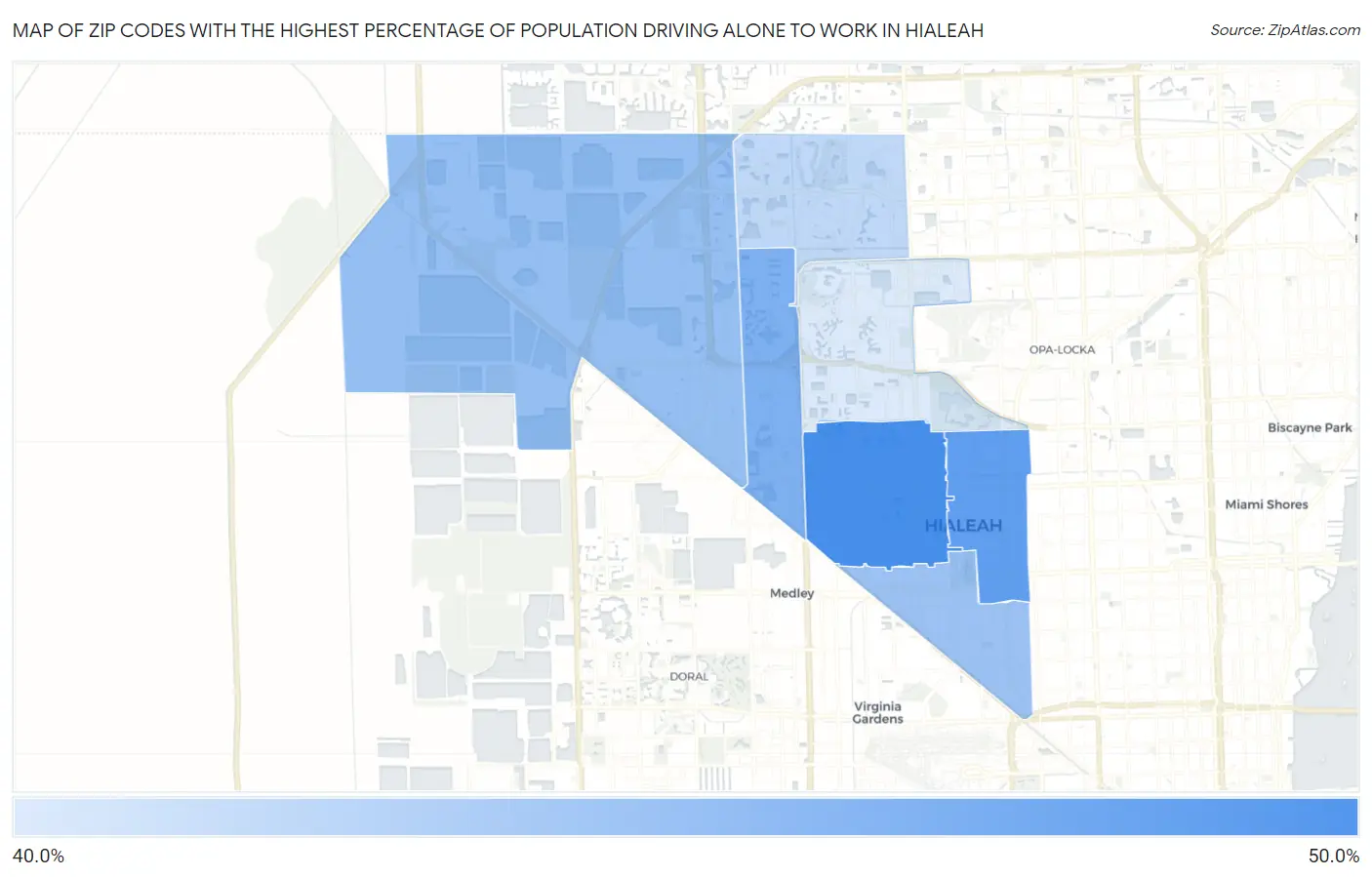 Zip Codes with the Highest Percentage of Population Driving Alone to Work in Hialeah Map