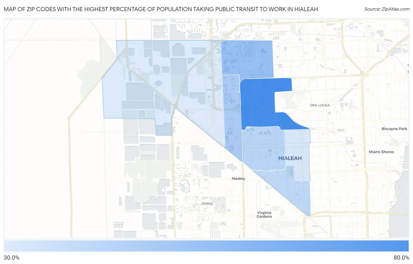 Zip Codes with the Highest Percentage of Population Taking Public Transit to Work in Hialeah Map