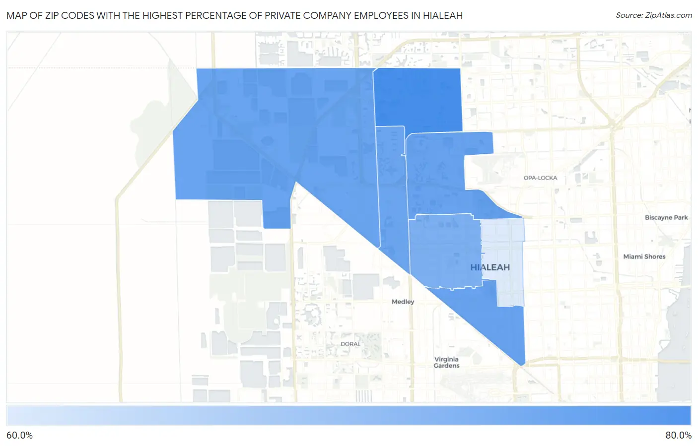 Zip Codes with the Highest Percentage of Private Company Employees in Hialeah Map