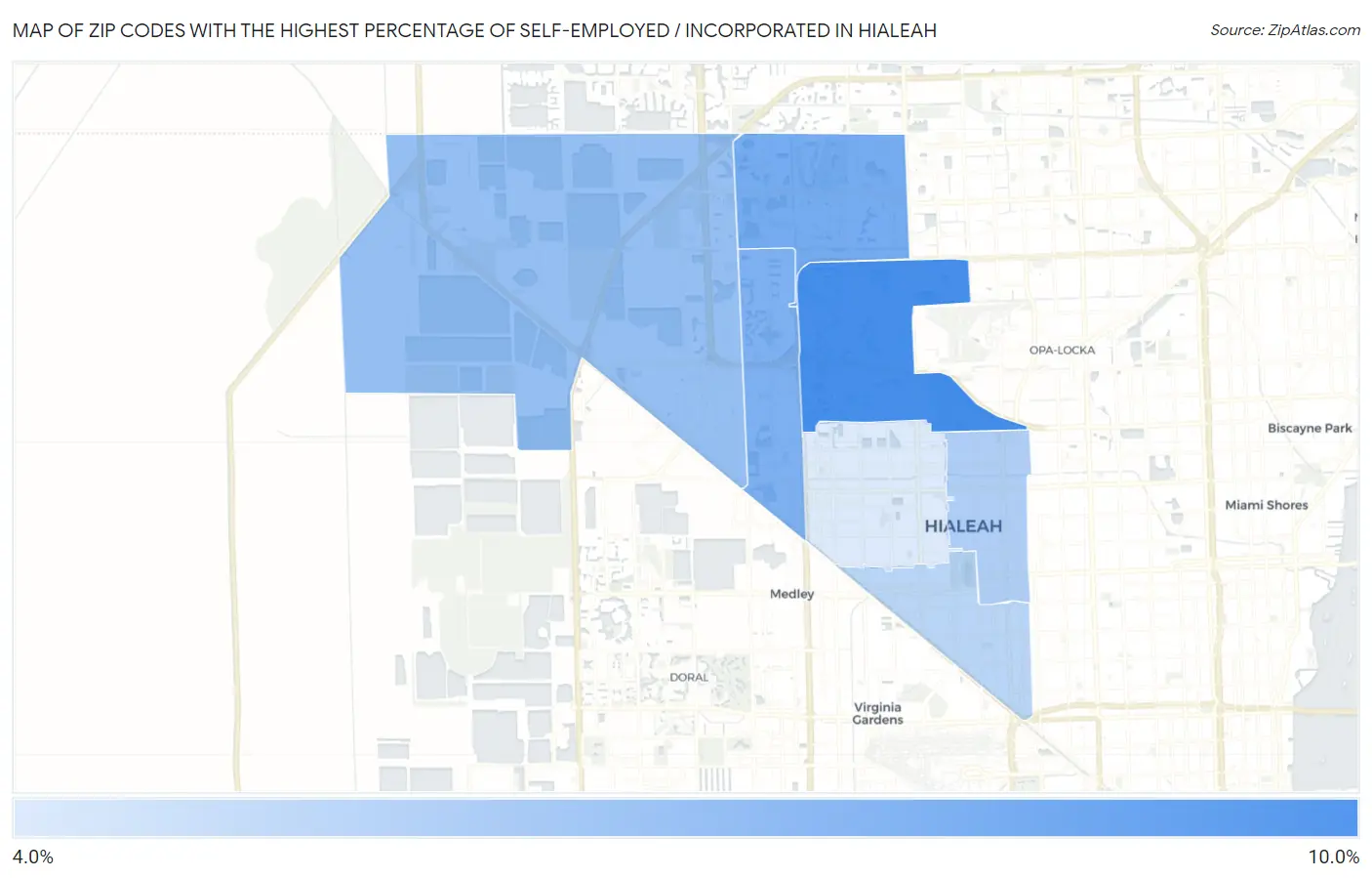 Zip Codes with the Highest Percentage of Self-Employed / Incorporated in Hialeah Map