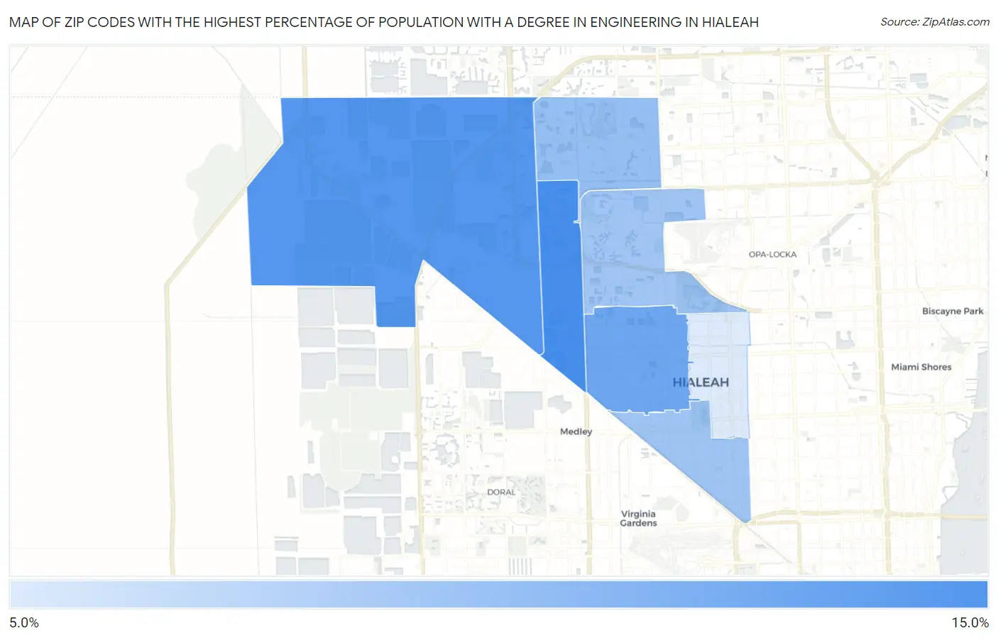 Zip Codes with the Highest Percentage of Population with a Degree in Engineering in Hialeah Map