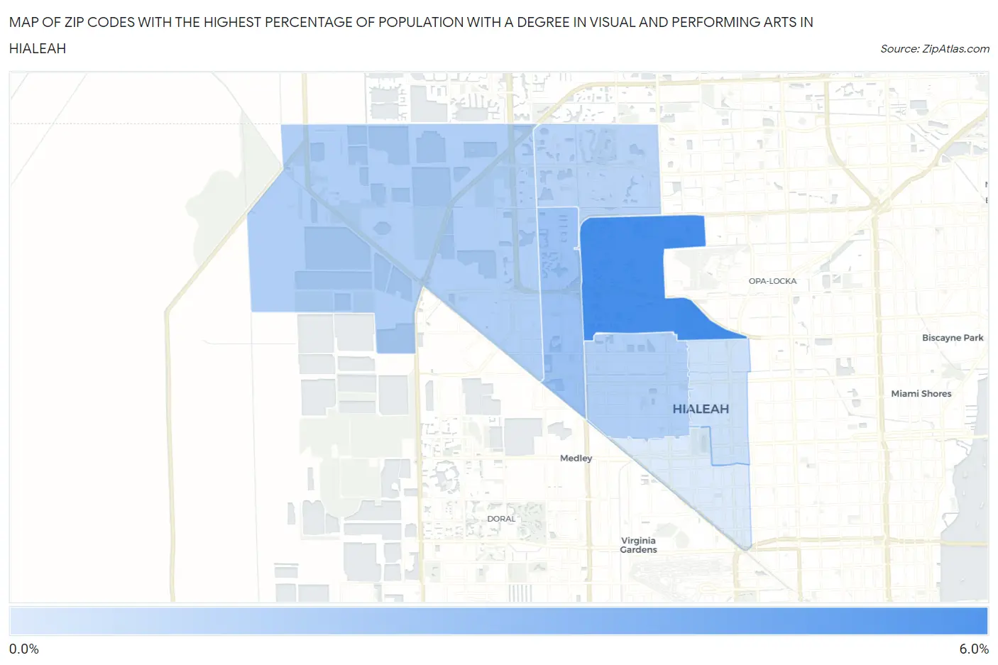 Zip Codes with the Highest Percentage of Population with a Degree in Visual and Performing Arts in Hialeah Map