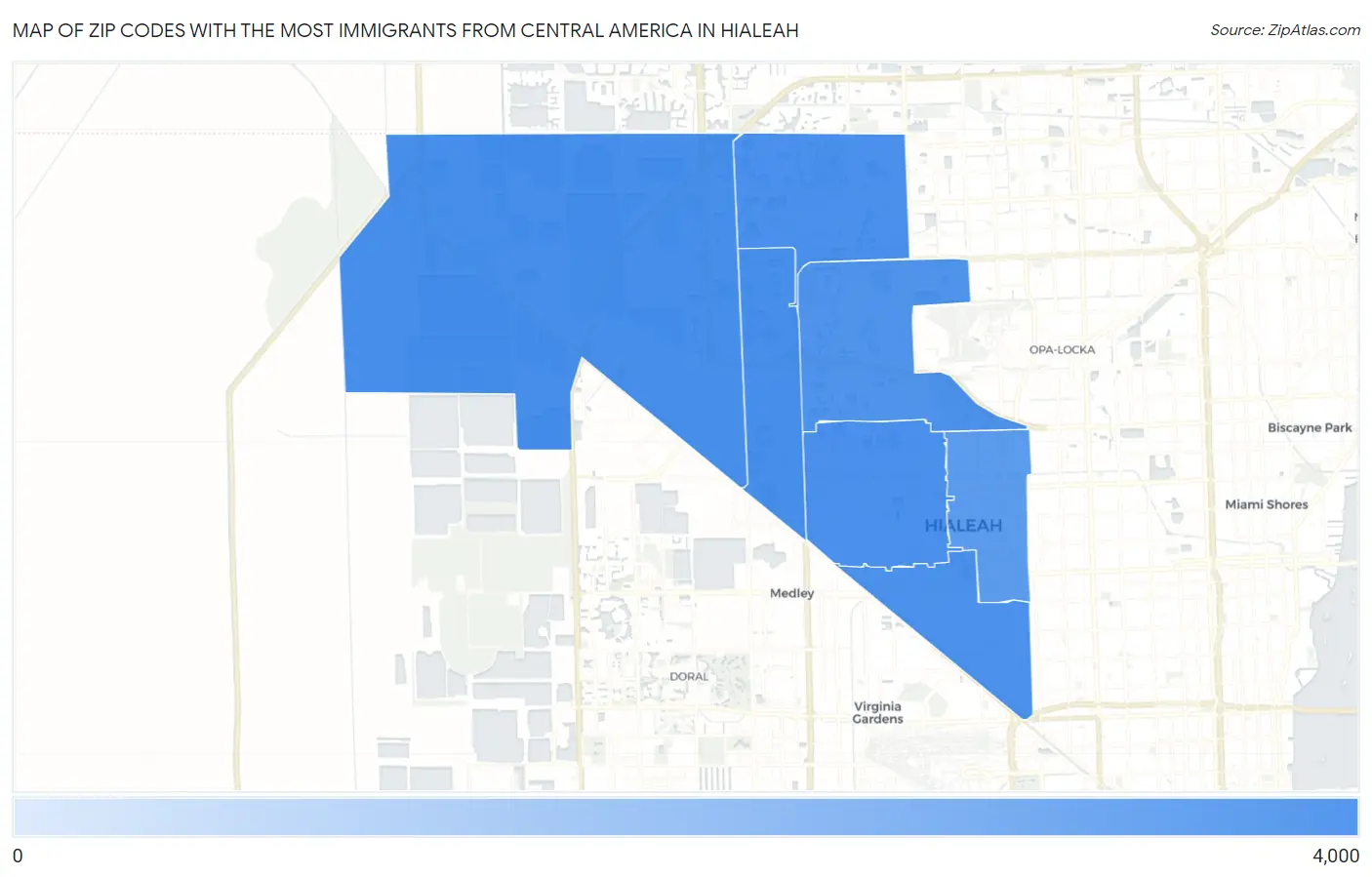 Zip Codes with the Most Immigrants from Central America in Hialeah Map