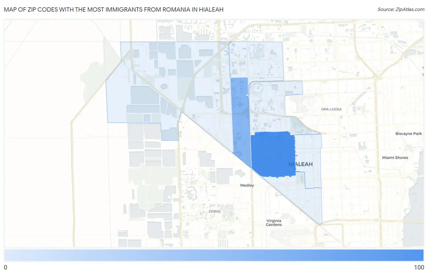 Zip Codes with the Most Immigrants from Romania in Hialeah Map