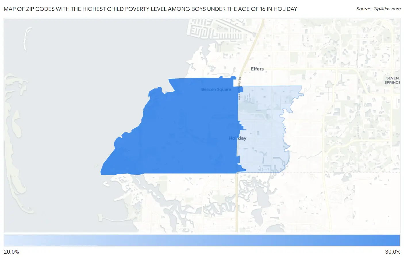 Zip Codes with the Highest Child Poverty Level Among Boys Under the Age of 16 in Holiday Map