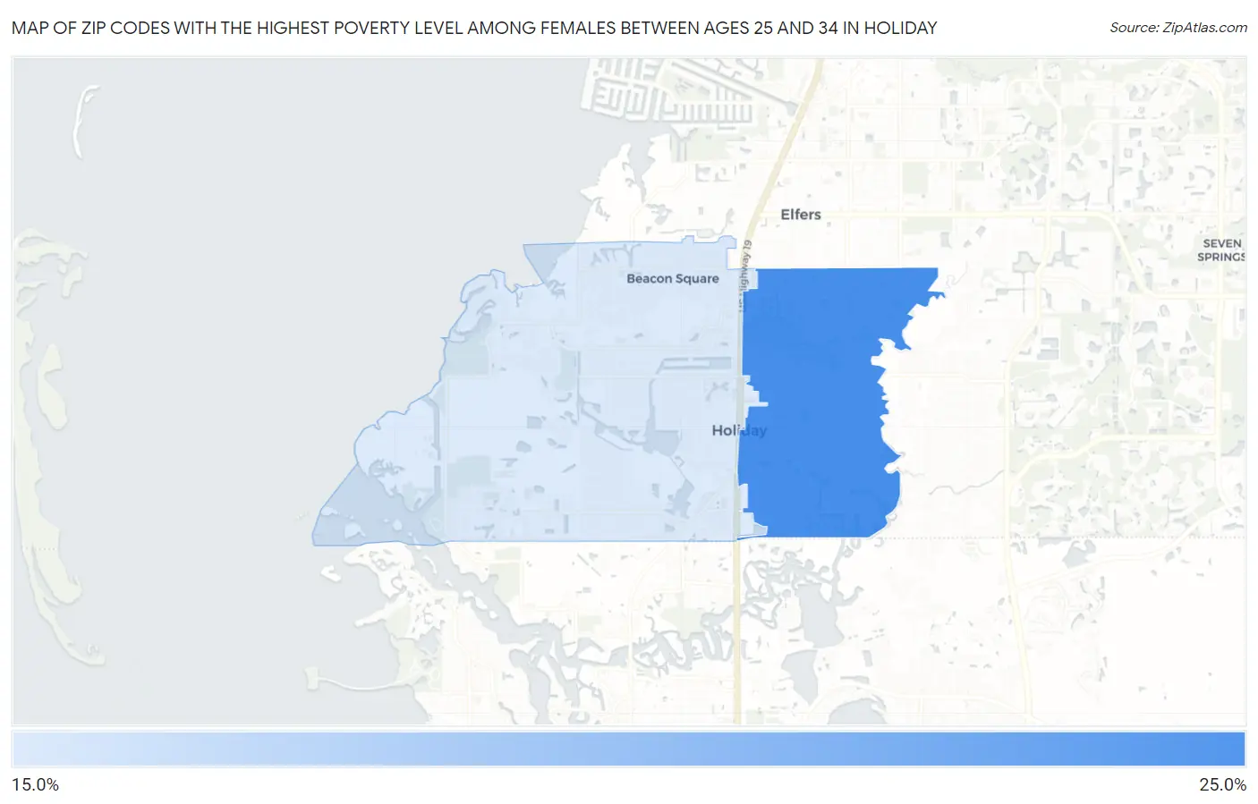 Zip Codes with the Highest Poverty Level Among Females Between Ages 25 and 34 in Holiday Map