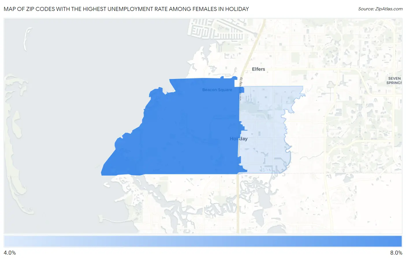 Zip Codes with the Highest Unemployment Rate Among Females in Holiday Map