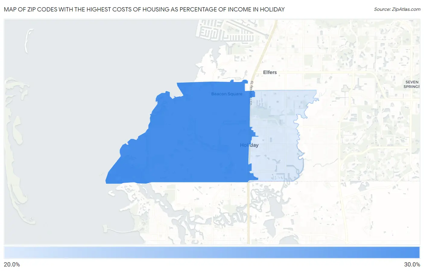 Zip Codes with the Highest Costs of Housing as Percentage of Income in Holiday Map