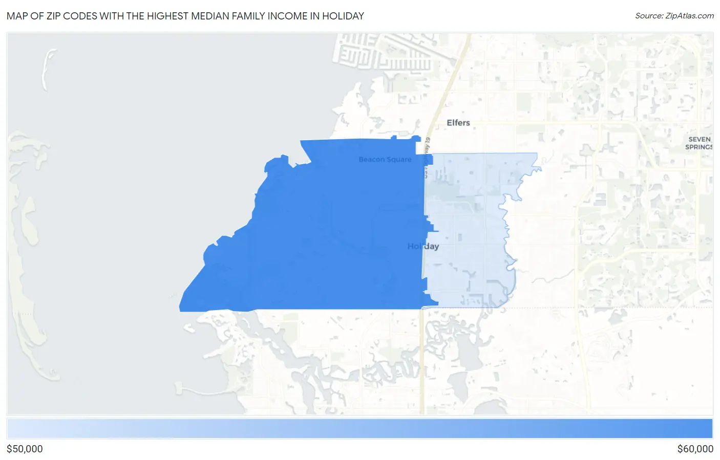 Zip Codes with the Highest Median Family Income in Holiday Map