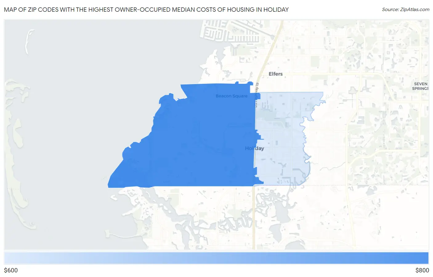 Zip Codes with the Highest Owner-Occupied Median Costs of Housing in Holiday Map