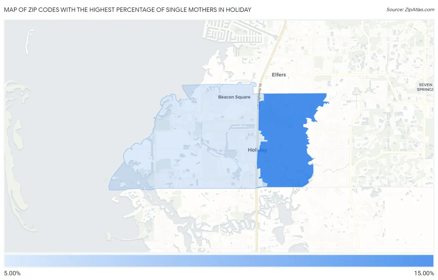 Zip Codes with the Highest Percentage of Single Mothers in Holiday Map