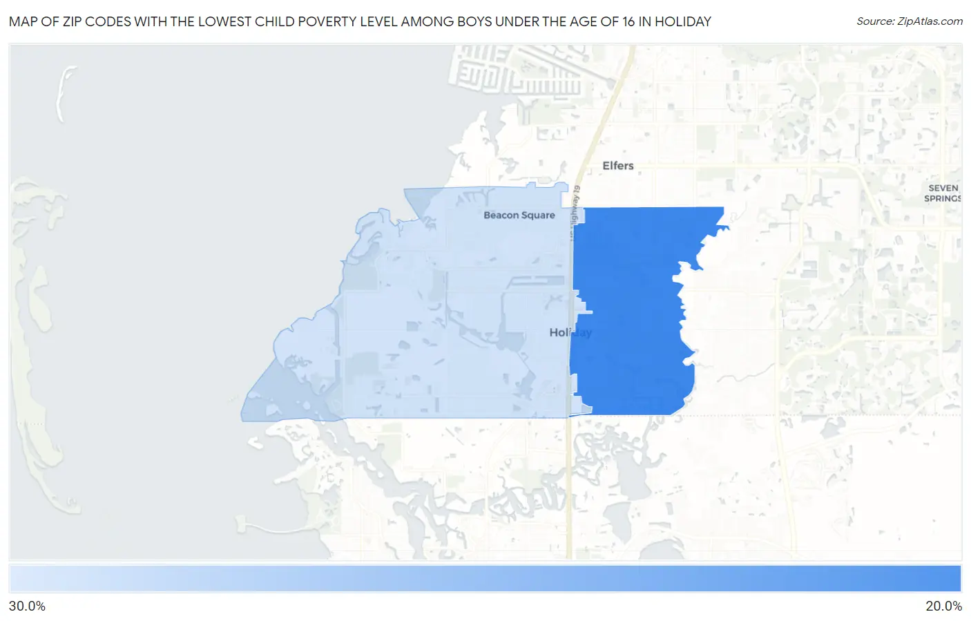 Zip Codes with the Lowest Child Poverty Level Among Boys Under the Age of 16 in Holiday Map