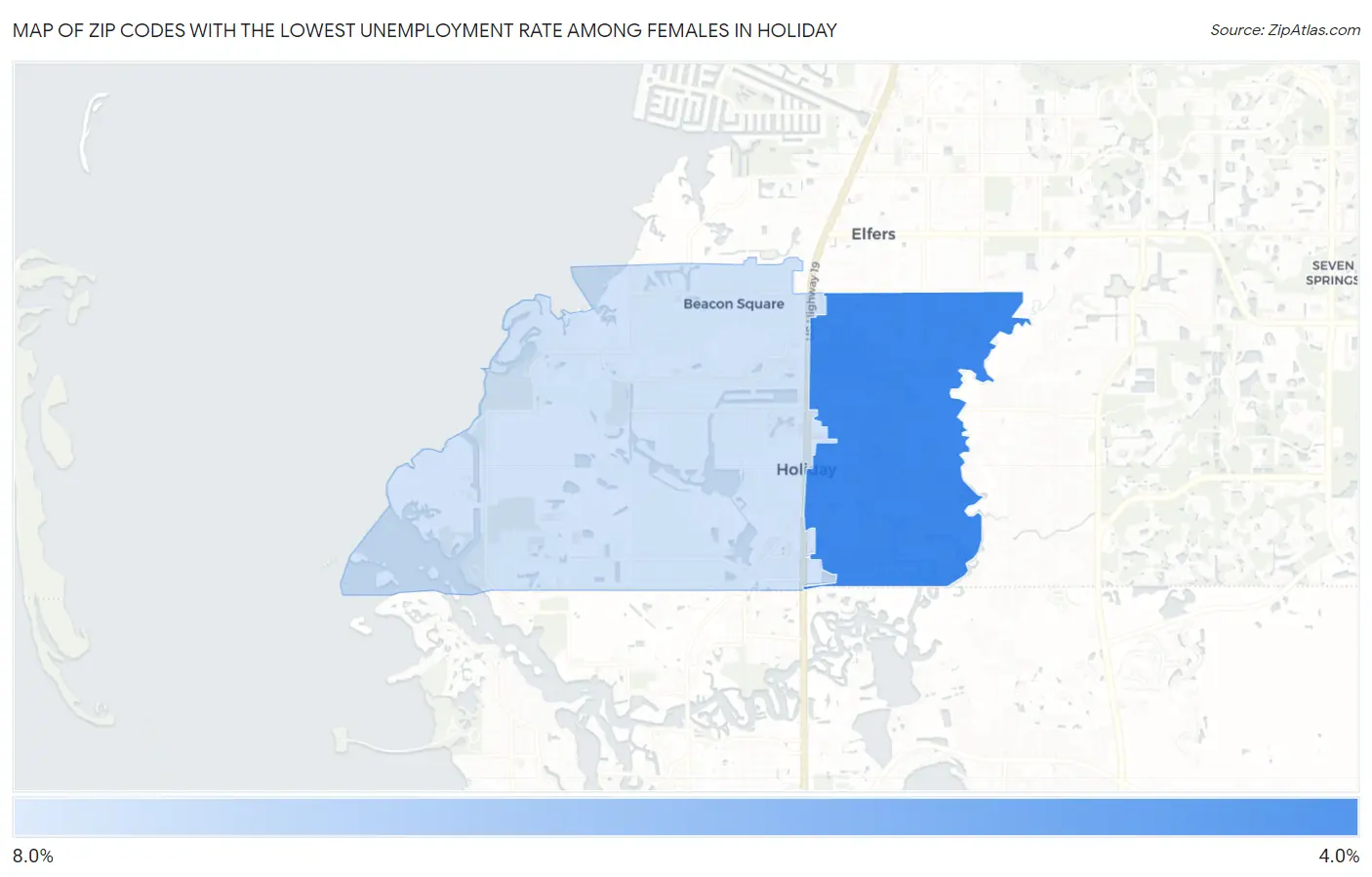 Zip Codes with the Lowest Unemployment Rate Among Females in Holiday Map