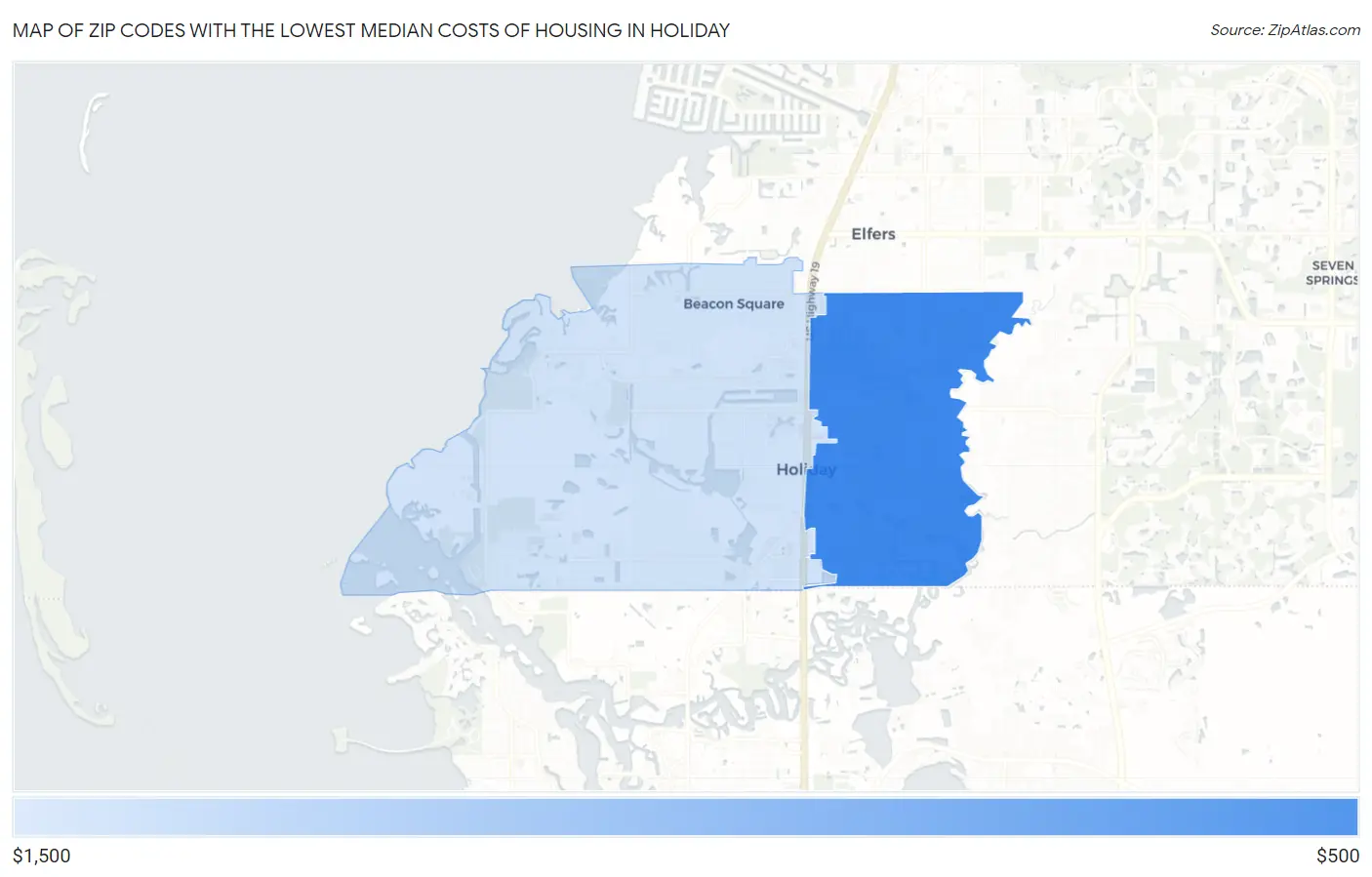 Zip Codes with the Lowest Median Costs of Housing in Holiday Map