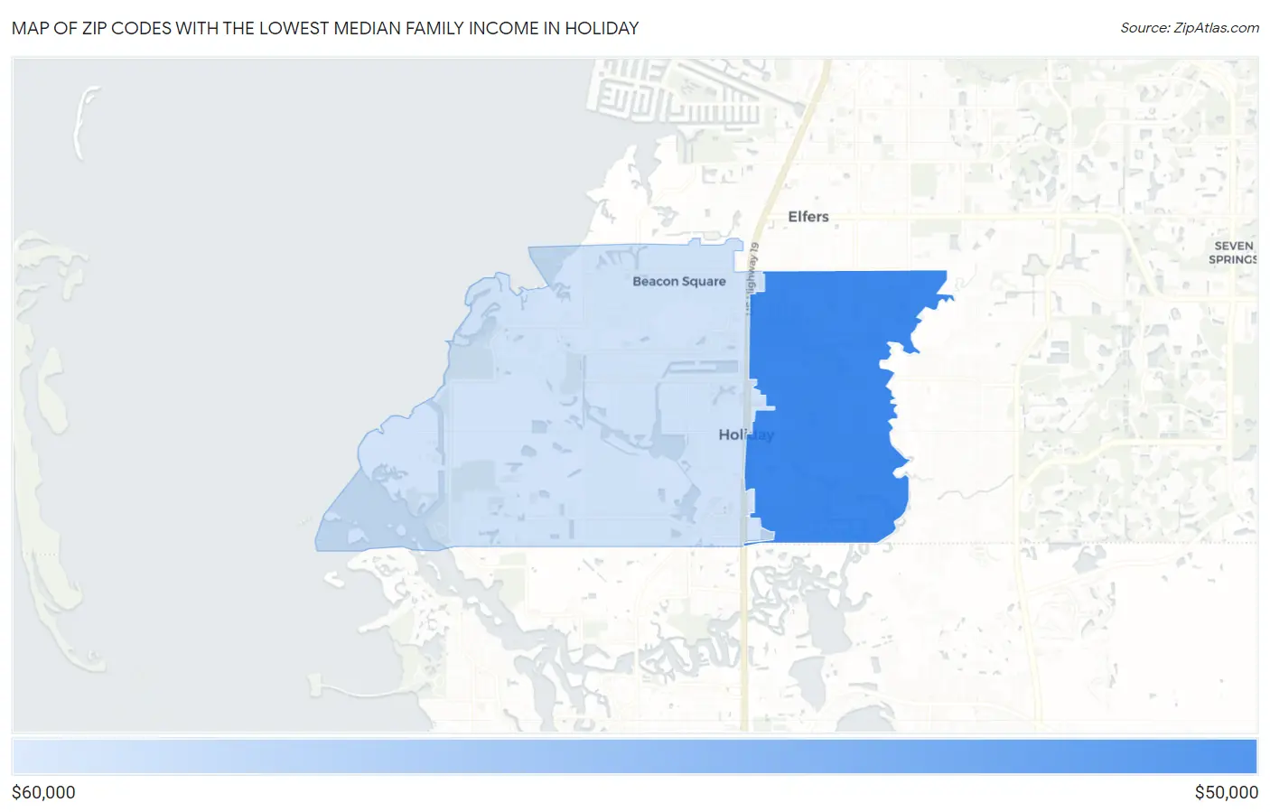 Zip Codes with the Lowest Median Family Income in Holiday Map
