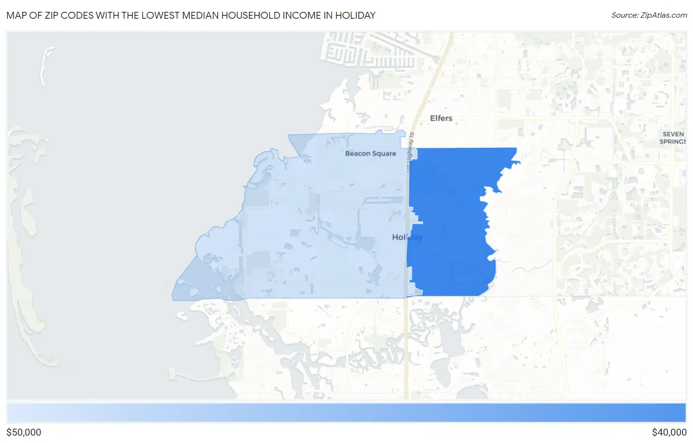 Zip Codes with the Lowest Median Household Income in Holiday Map