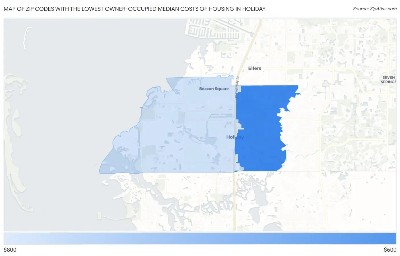 Zip Codes with the Lowest Owner-Occupied Median Costs of Housing in Holiday Map