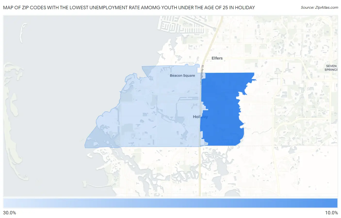 Zip Codes with the Lowest Unemployment Rate Amomg Youth Under the Age of 25 in Holiday Map