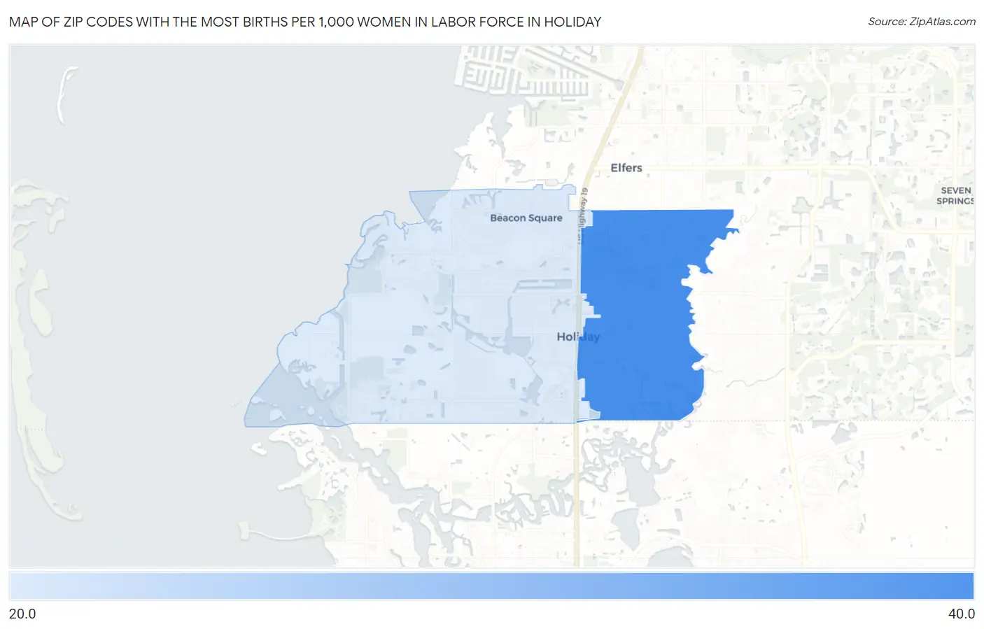 Zip Codes with the Most Births per 1,000 Women in Labor Force in Holiday Map
