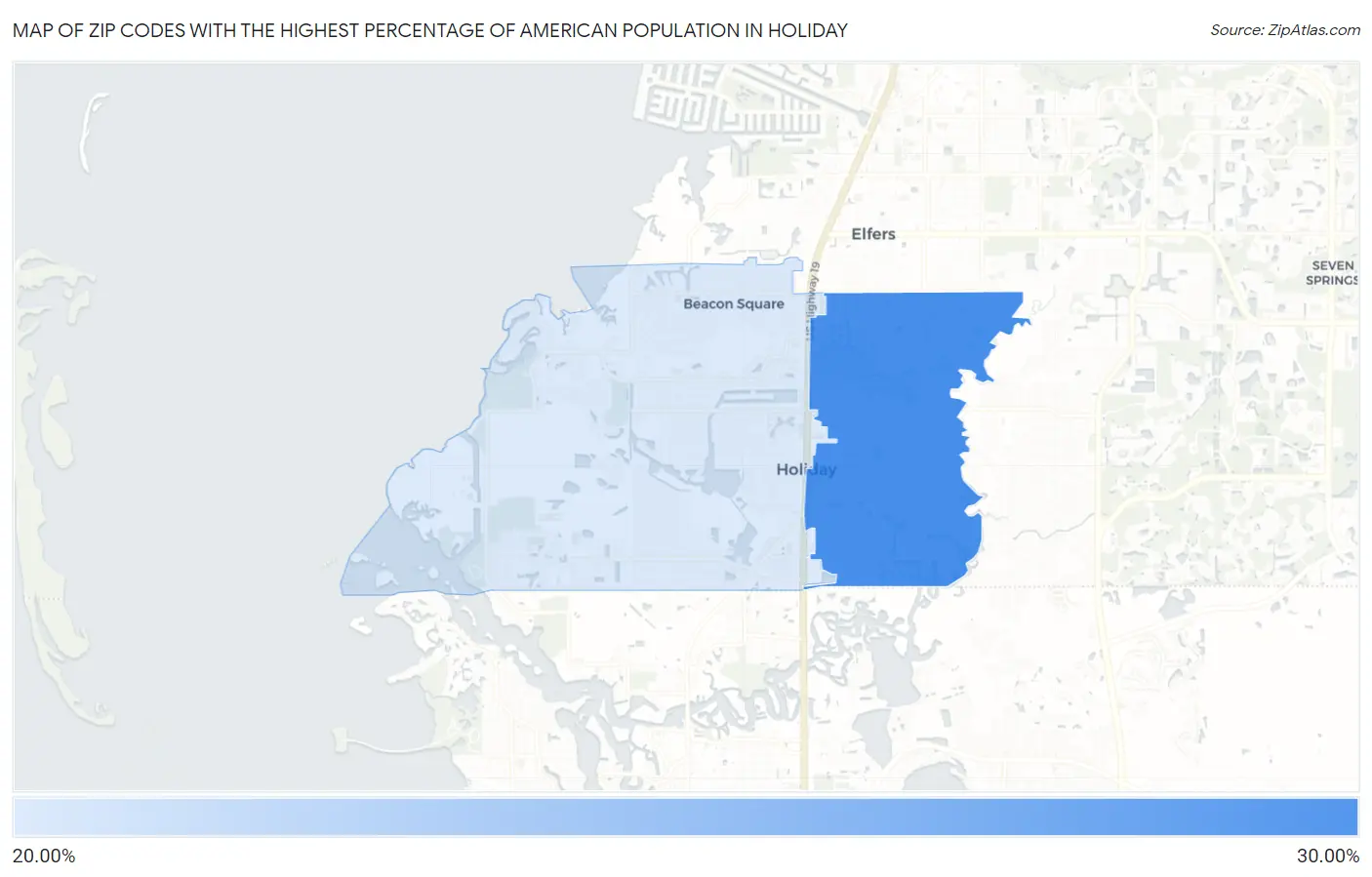 Zip Codes with the Highest Percentage of American Population in Holiday Map