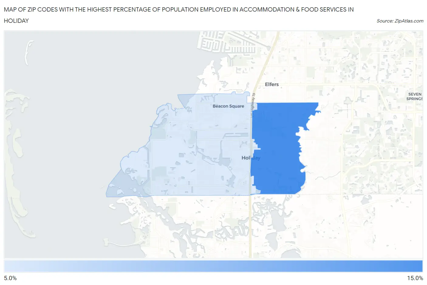 Zip Codes with the Highest Percentage of Population Employed in Accommodation & Food Services in Holiday Map