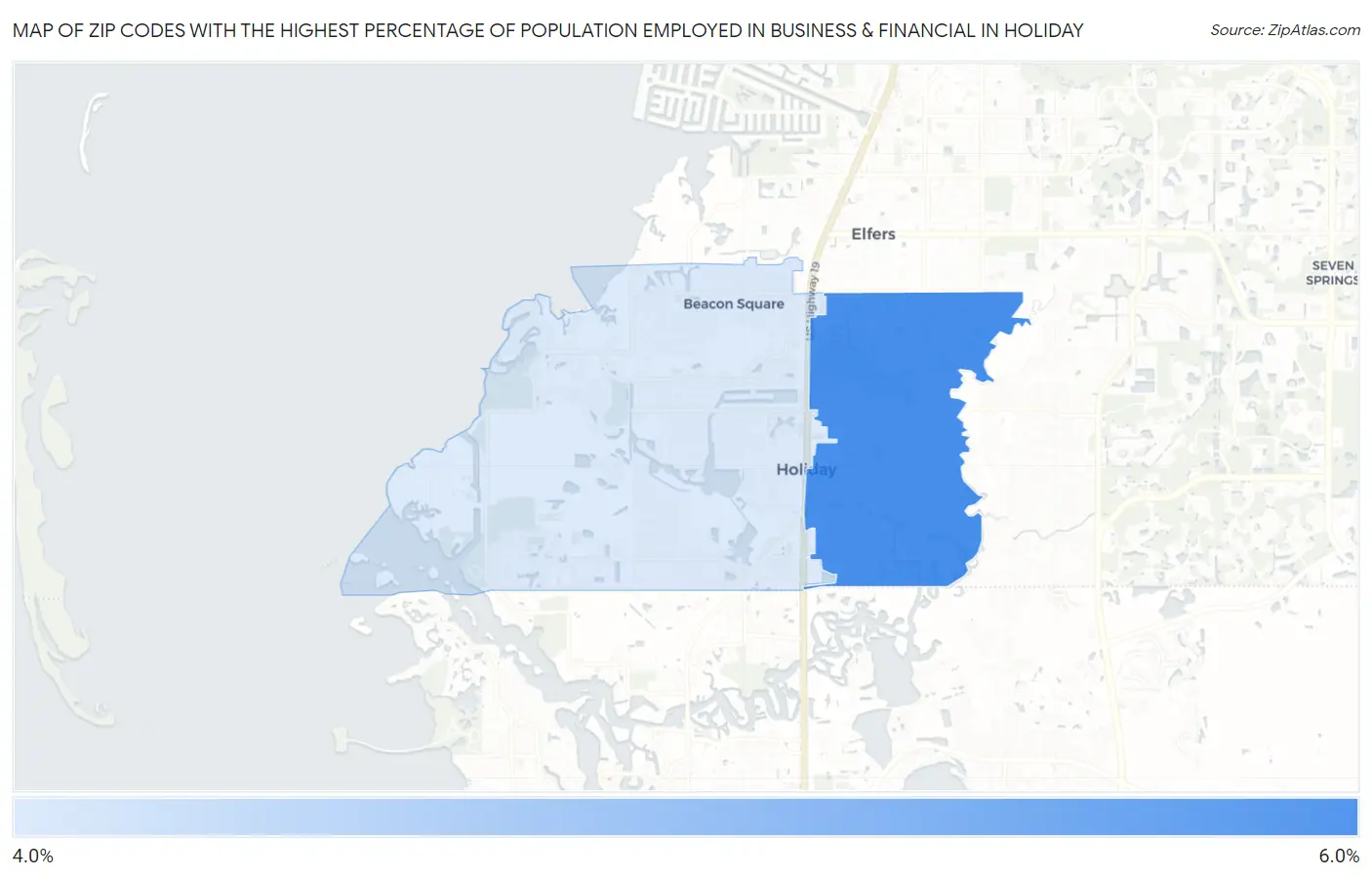 Zip Codes with the Highest Percentage of Population Employed in Business & Financial in Holiday Map