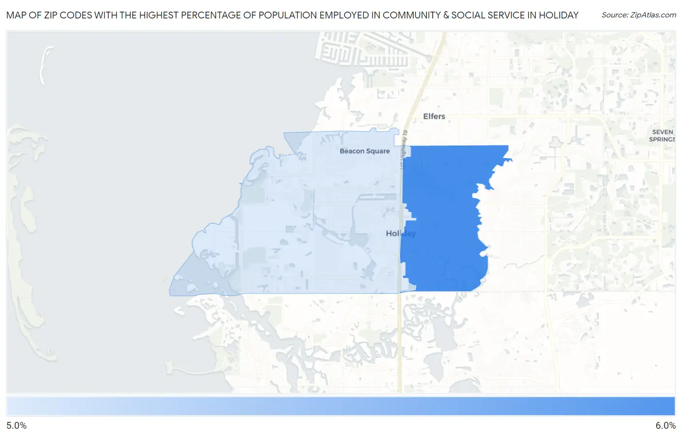 Zip Codes with the Highest Percentage of Population Employed in Community & Social Service  in Holiday Map