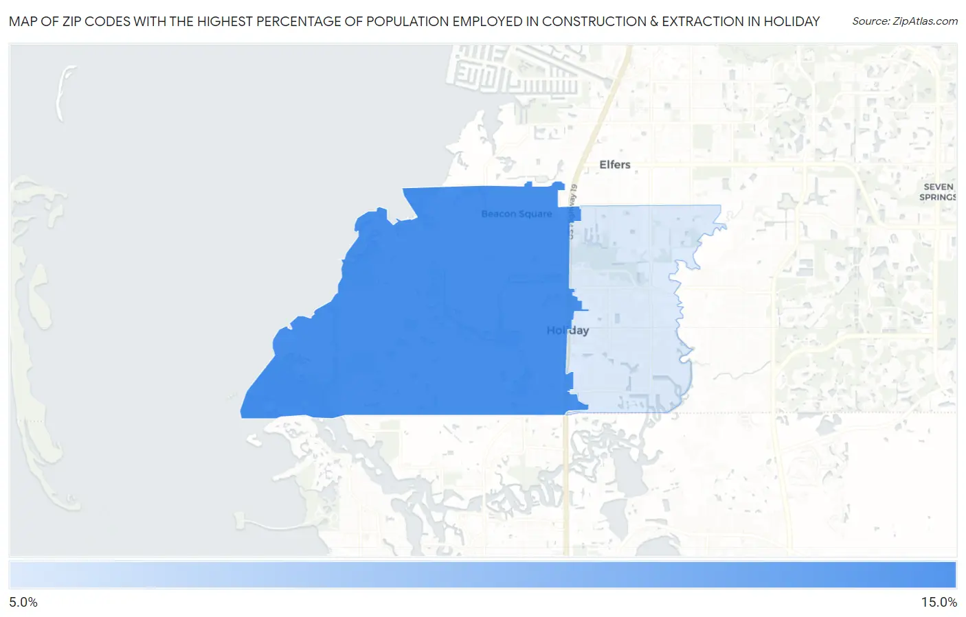 Zip Codes with the Highest Percentage of Population Employed in Construction & Extraction in Holiday Map