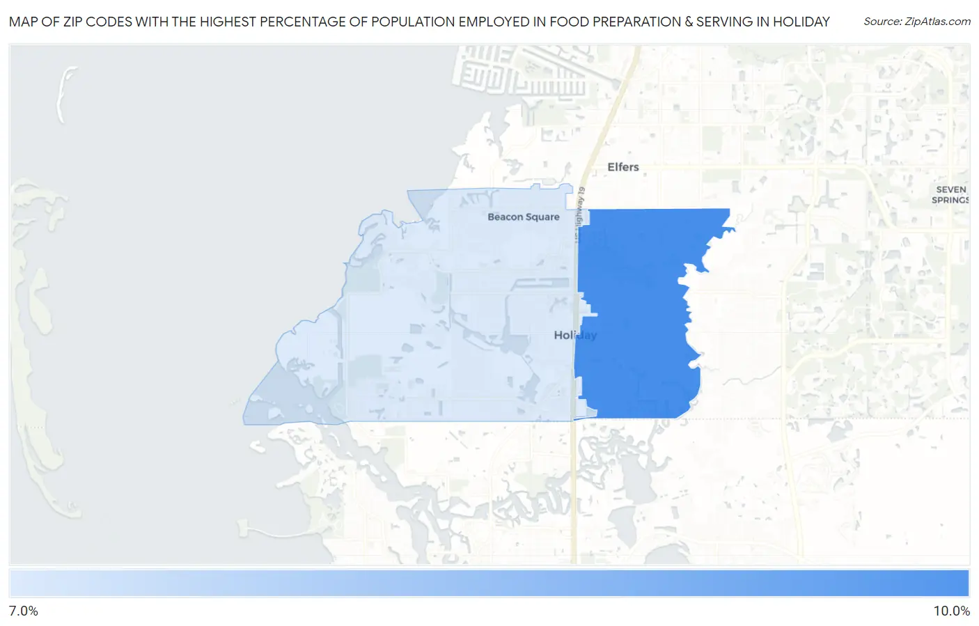 Zip Codes with the Highest Percentage of Population Employed in Food Preparation & Serving in Holiday Map