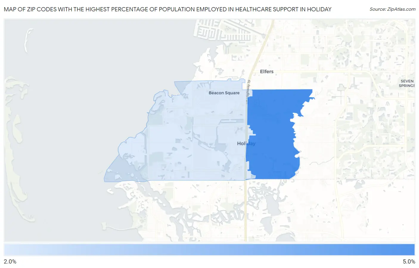Zip Codes with the Highest Percentage of Population Employed in Healthcare Support in Holiday Map