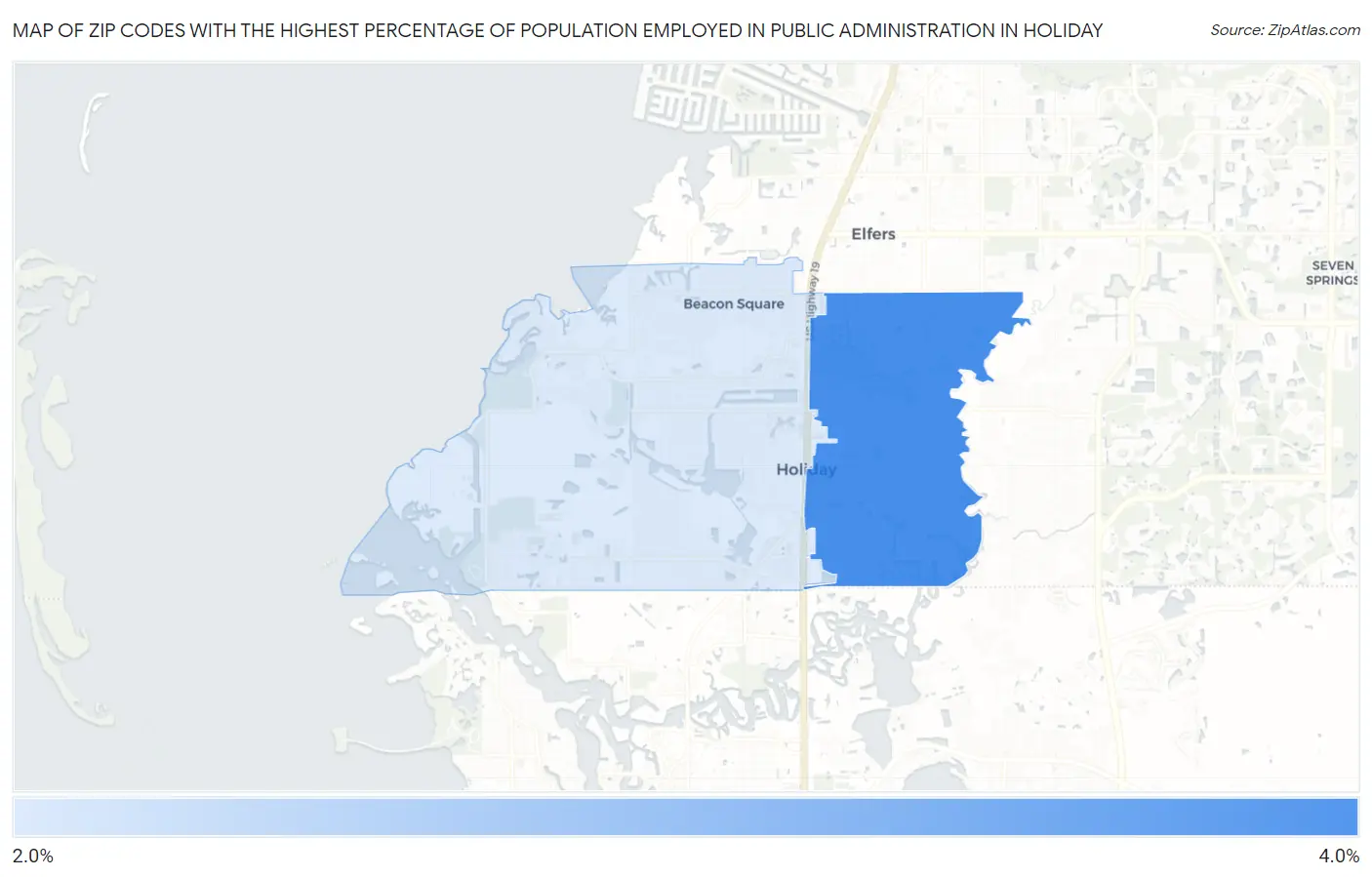 Zip Codes with the Highest Percentage of Population Employed in Public Administration in Holiday Map