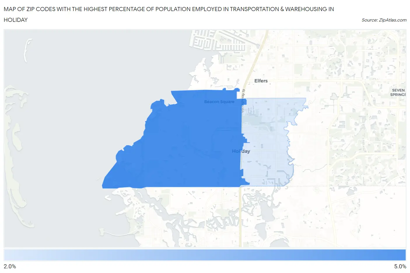 Zip Codes with the Highest Percentage of Population Employed in Transportation & Warehousing in Holiday Map