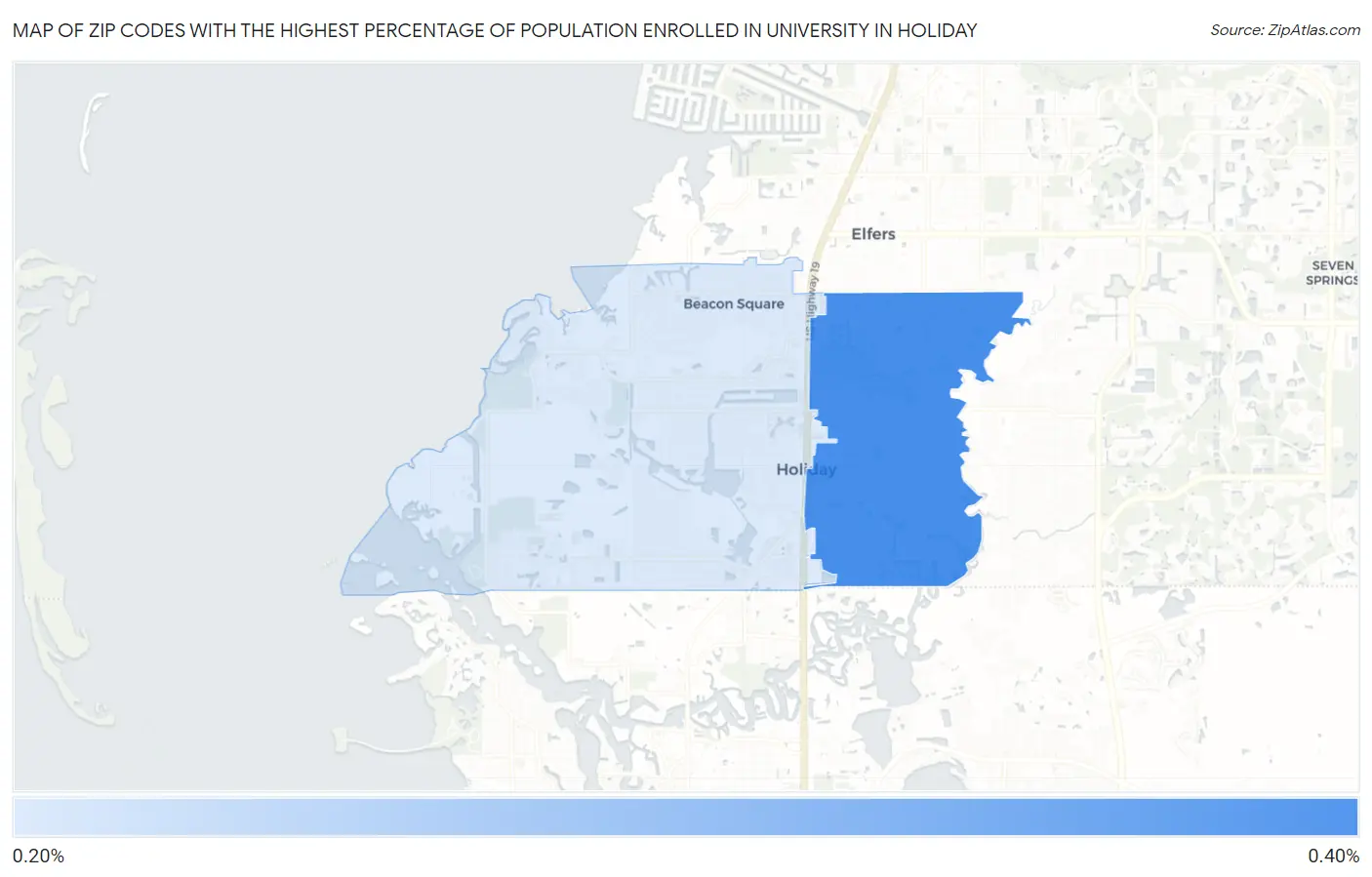 Zip Codes with the Highest Percentage of Population Enrolled in University in Holiday Map