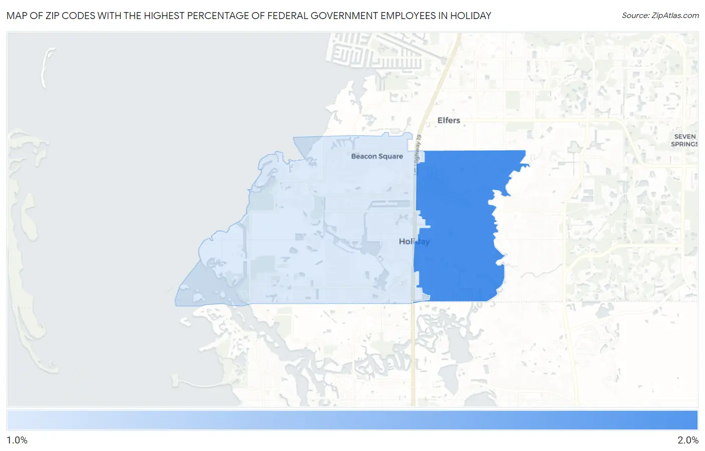 Zip Codes with the Highest Percentage of Federal Government Employees in Holiday Map
