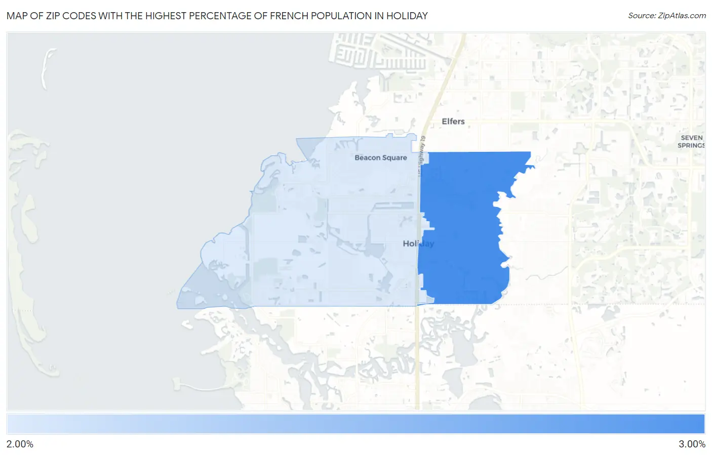 Zip Codes with the Highest Percentage of French Population in Holiday Map