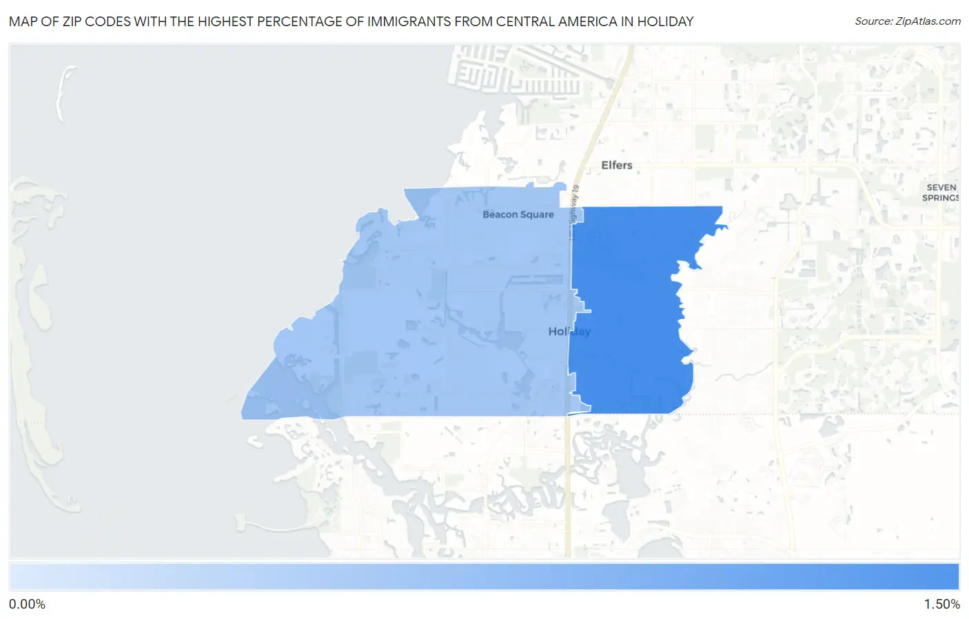 Zip Codes with the Highest Percentage of Immigrants from Central America in Holiday Map