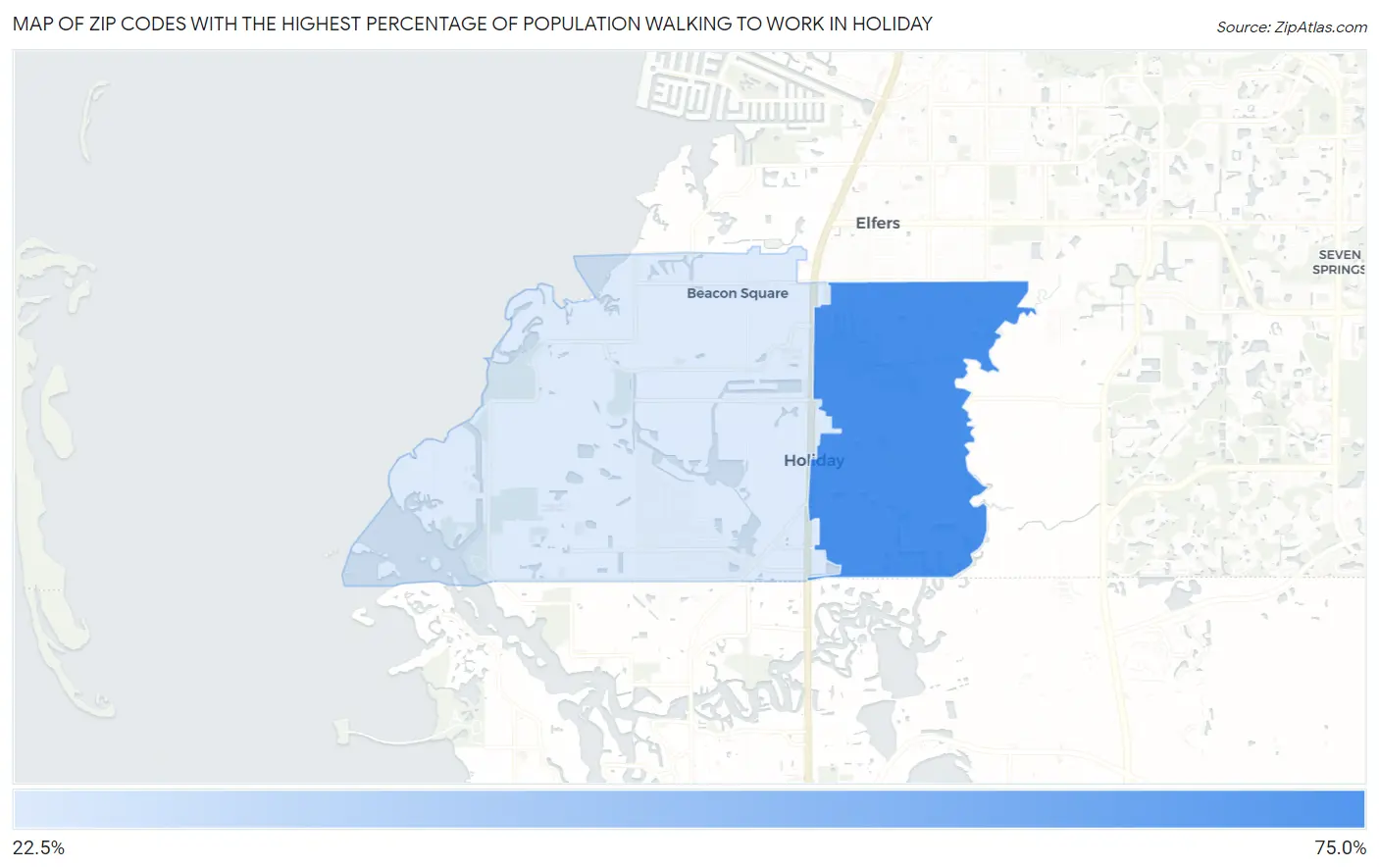 Zip Codes with the Highest Percentage of Population Walking to Work in Holiday Map