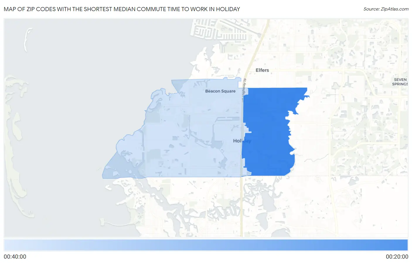 Zip Codes with the Shortest Median Commute Time to Work in Holiday Map
