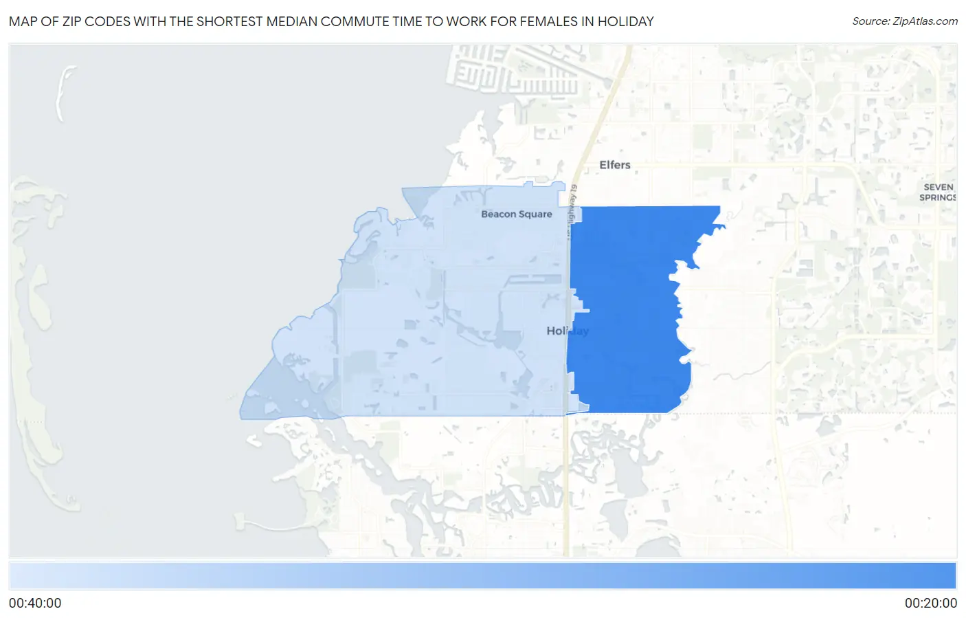 Zip Codes with the Shortest Median Commute Time to Work for Females in Holiday Map