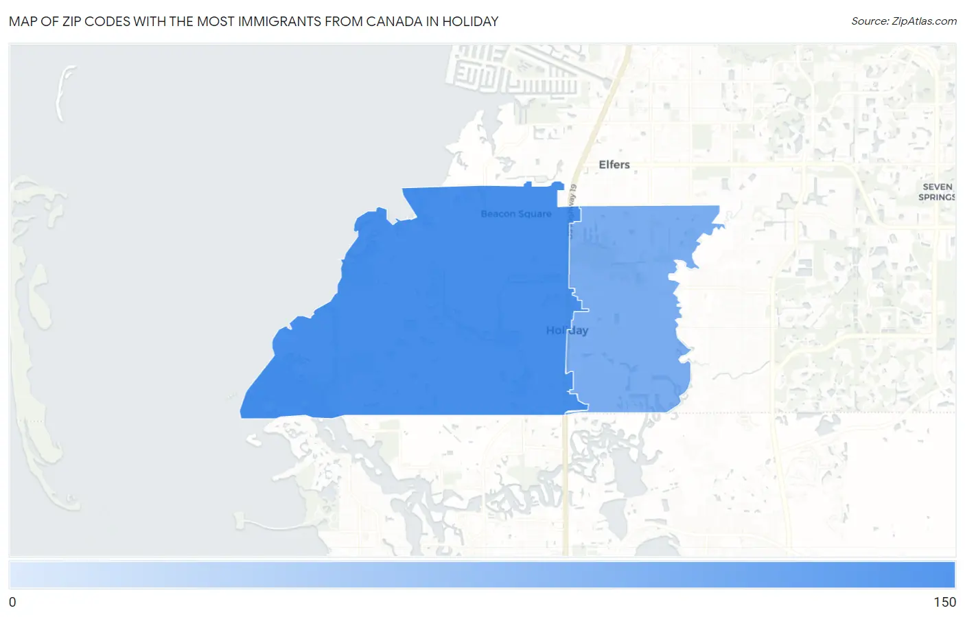 Zip Codes with the Most Immigrants from Canada in Holiday Map