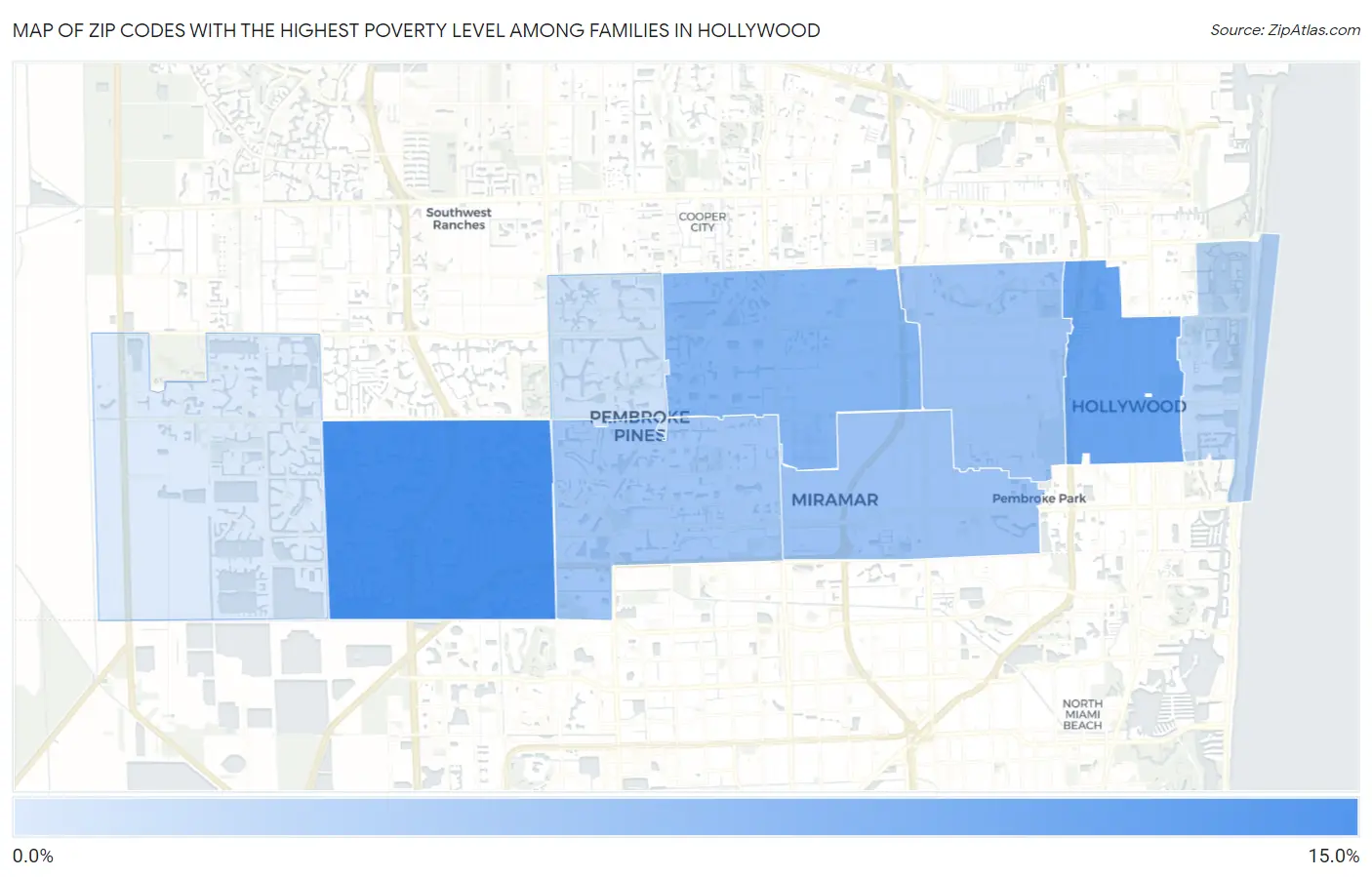 Zip Codes with the Highest Poverty Level Among Families in Hollywood Map
