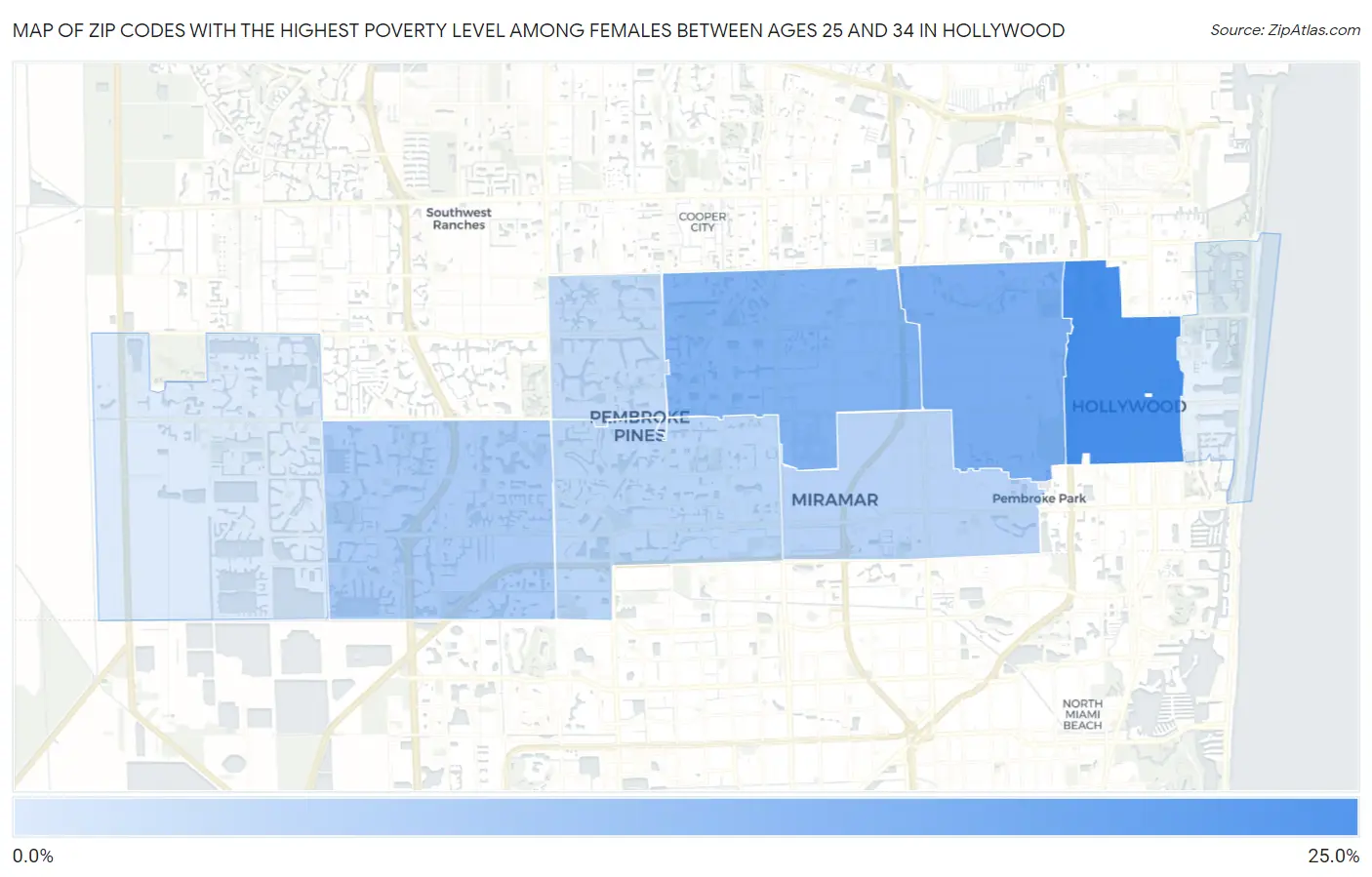 Zip Codes with the Highest Poverty Level Among Females Between Ages 25 and 34 in Hollywood Map