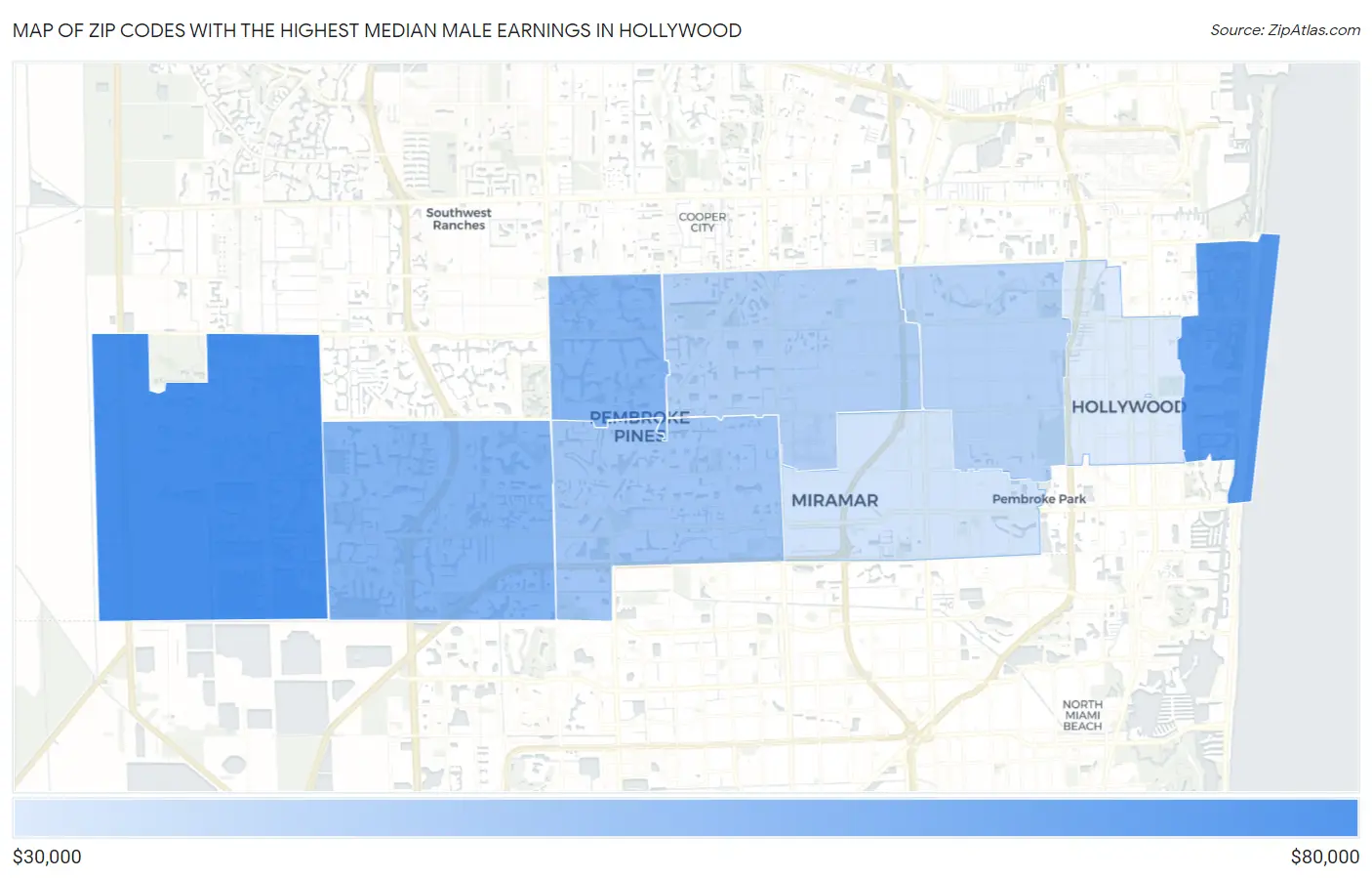 Zip Codes with the Highest Median Male Earnings in Hollywood Map