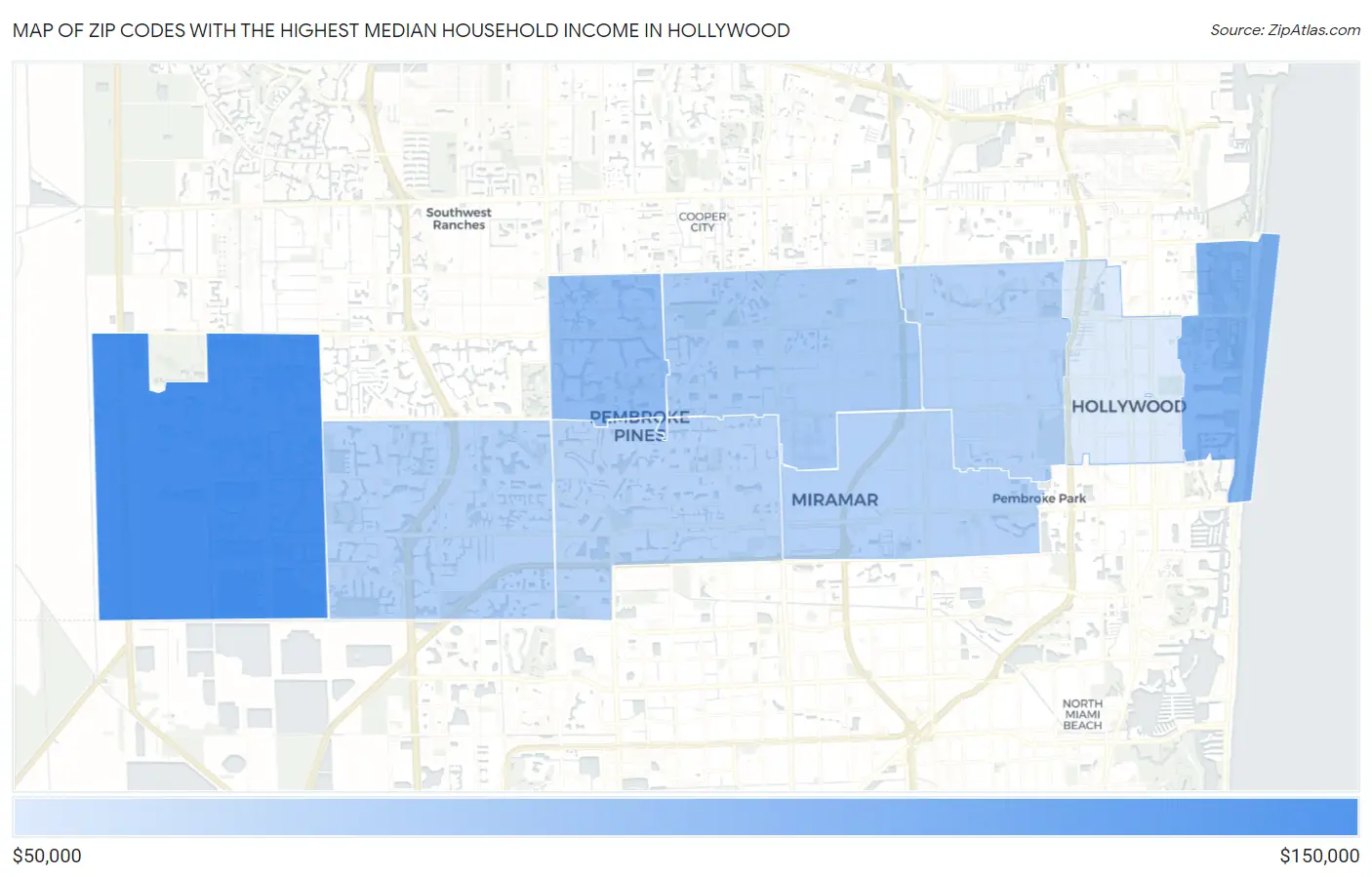 Zip Codes with the Highest Median Household Income in Hollywood Map