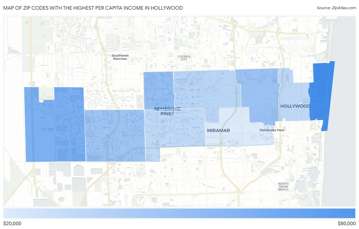 Zip Codes with the Highest Per Capita Income in Hollywood Map